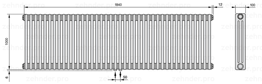 Схема (чертеж) Радиатор Zehnder Charleston 3100/40 №3470 Белый глянцевый RAL 9016